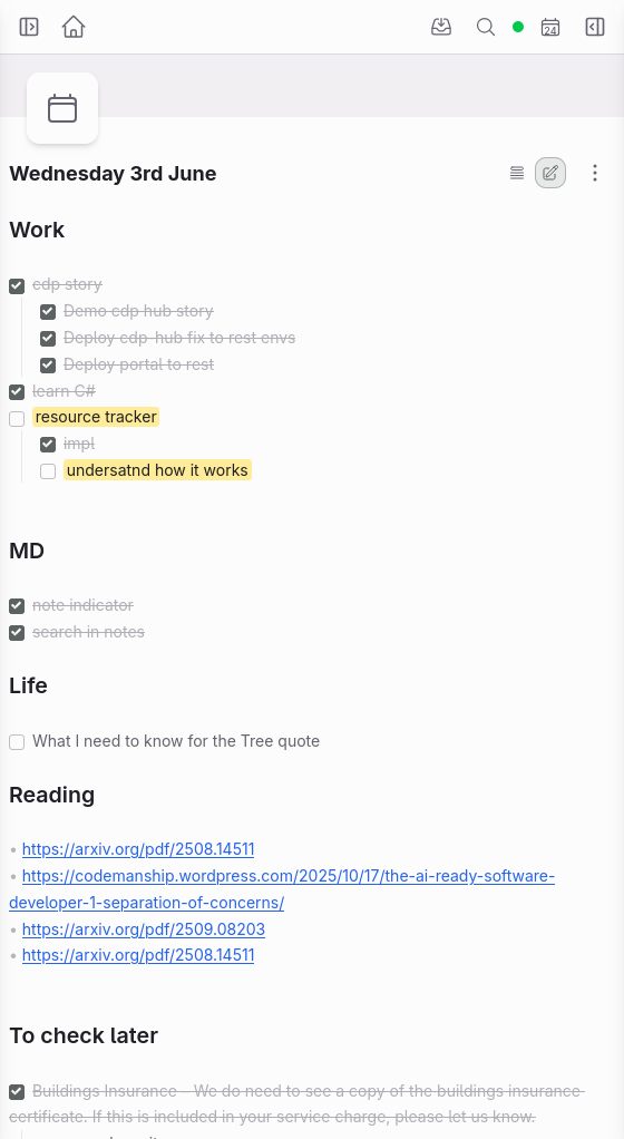 My real, full daily note separated into work, side projects, life, self-dev