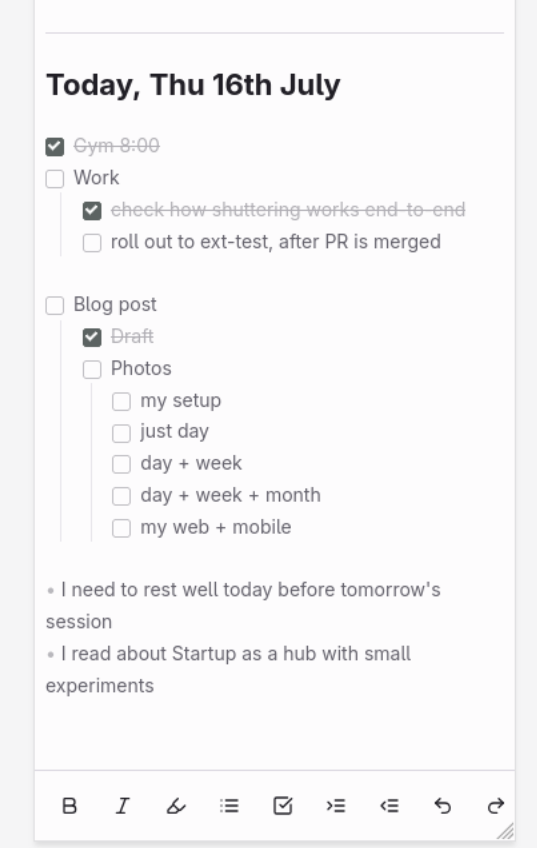 Today's daily note with nested checkboxes for Work and Blog post